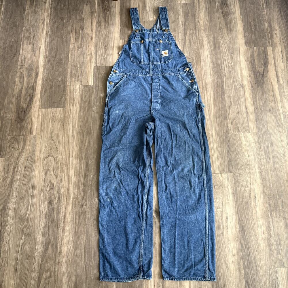 Vintage Carhartt Denim Overalls Men's Size 36x32 Made In USA Blue Workwear Faded
